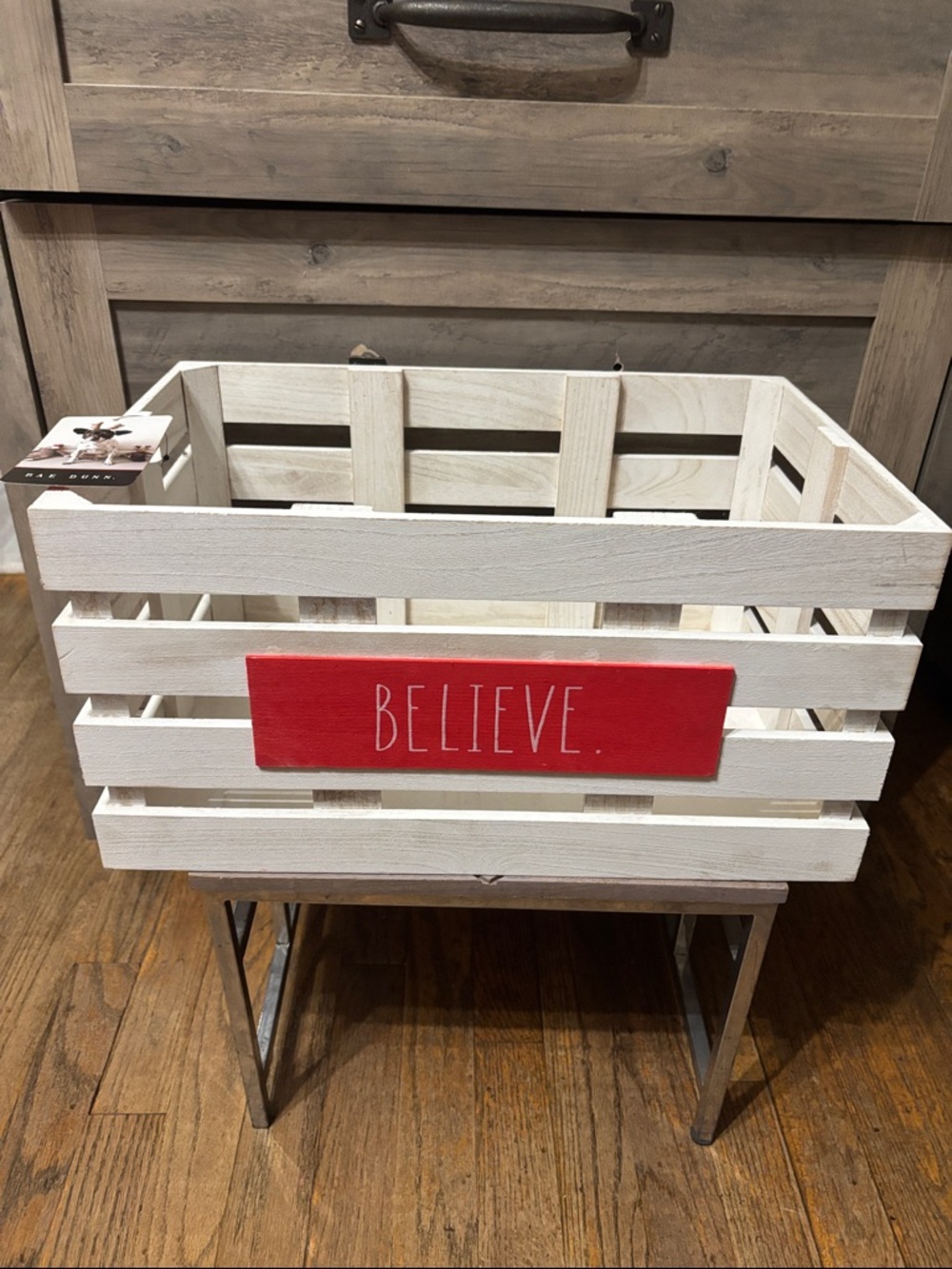Rae Dunn Wooden Rustic Whitewash BELIEVE Christmas Holiday Crate Pre Owned